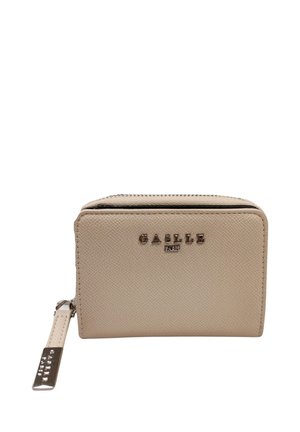 Portafoglio beige texture con chiusura a zip, caratterizzato da un logo metallico e un piccolo tirazip con marchio sul lato.