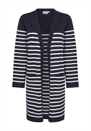 Navy blue cardigan with vertical cream stripes, open front design, long sleeves, two front pockets, smooth texture, ribbed cuffs.