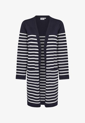Navy blue cardigan with vertical cream stripes, open front design, long sleeves, two front pockets, smooth texture, ribbed cuffs.