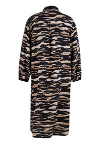 Robe à manches longues avec un motif de rayures de tigre en marron, noir et beige, et des poignets froncés, vue de dos sur fond blanc.