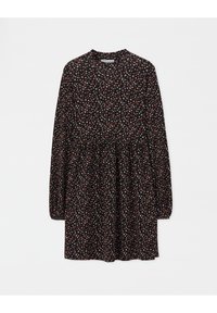 Robe fleurie noire à manches longues, col rond, taille froncée, et petites fleurs multicolores, fabriquée en tissu léger.