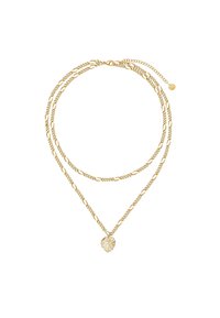 Collar de oro laminado que presenta dos estilos de cadenas; una con eslabones ovalados y otra con un colgante en forma de hoja en el centro.