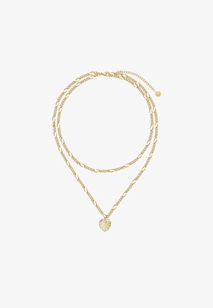 Guldlagd halskæde med to kædestile; én med ovale led og én med en bladformet vedhæng i midten.
