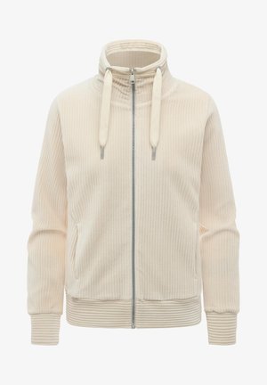 Beige ribstrikket jakke med lynlås, høj krave, snore, lange ærmer og ribstrikkede manchetter og kant.