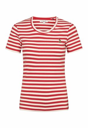 Piros és fehér csíkos, rövid ujjú póló, bordázott textúrával, kerek nyakkal és hímzett logóval a bal mellen.