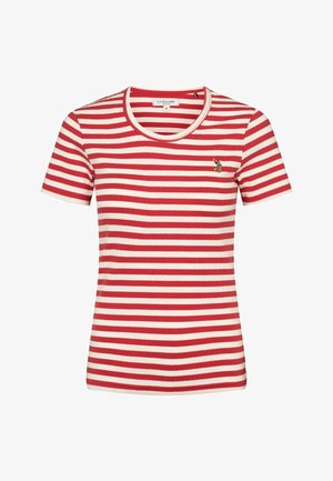 Rood-wit gestreepte T-shirt met korte mouwen, geribbelde textuur, ronde hals en geborduurd logo-accent op de linkerborst.