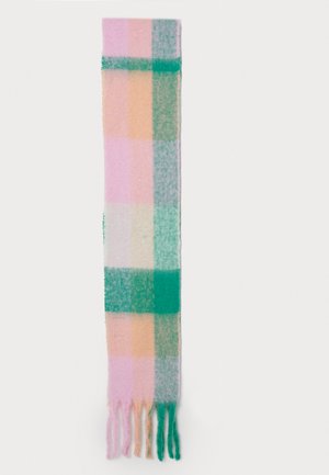 Écharpe en laine tissée avec un motif à carreaux pastel en rose, pêche, vert et bleu, avec des extrémités à franges pour ajouter de la texture.