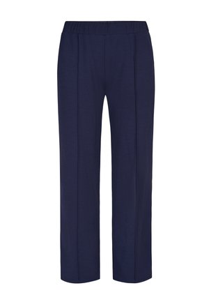 Marineblauwe rechte broek met elastische tailleband en gestikte verticale naden aan de voorkant.