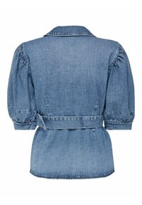 Denim jacket in light blue with a collared neckline, puff sleeves, and a belted waist. Features a textured finish and straight hem.