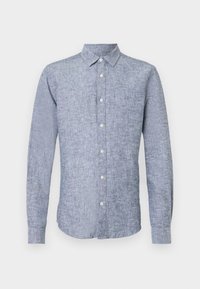 Lichtblauwe lange mouwen button-up shirt met een kraag. Gemaakt van een gestructureerde stof, met een lichte gemêleerde patroon en vijf knopen.