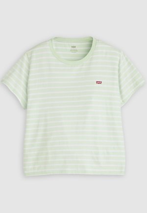 Šviesiai žalia ir balta horizontaliai dryžuota trumpomis rankovėmis marškinėliai su apvalia iškirpte ir mažu raudonu Levi’s logotipu ant krūtinės.