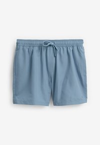 Costume de baie de culoare albastru deschis, fabricat dintr-un material neted și ușor. Dispun de un brâu elastic cu șnur și buzunare laterale.