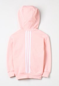 Rosa hoodie med huva, med tre vita vertikala ränder ner längs ryggen. Mjuk tyg, ribbade ärmslut och nederkant.
