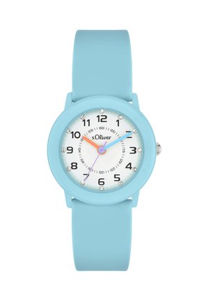 Light blue wristwatch with white dial, black numbers, crystal hour markers, orange hour hand, blue minute hand, and purple second hand.