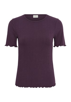 Purple ribbed short-sleeve top with round neckline and wavy edges on sleeves and hem, labeled with brand tag inside collar.