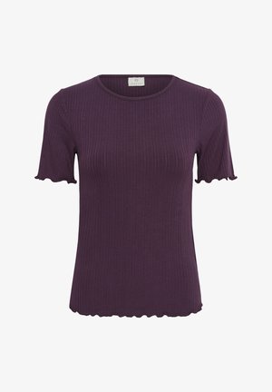 Purple ribbed short-sleeve top with round neckline and wavy edges on sleeves and hem, labeled with brand tag inside collar.