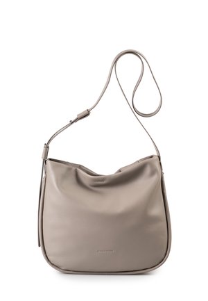 Beige weiche Leder-Schultertasche mit verstellbarem Träger und dezentem Branding auf der Vorderseite, vor weißem Hintergrund präsentiert.