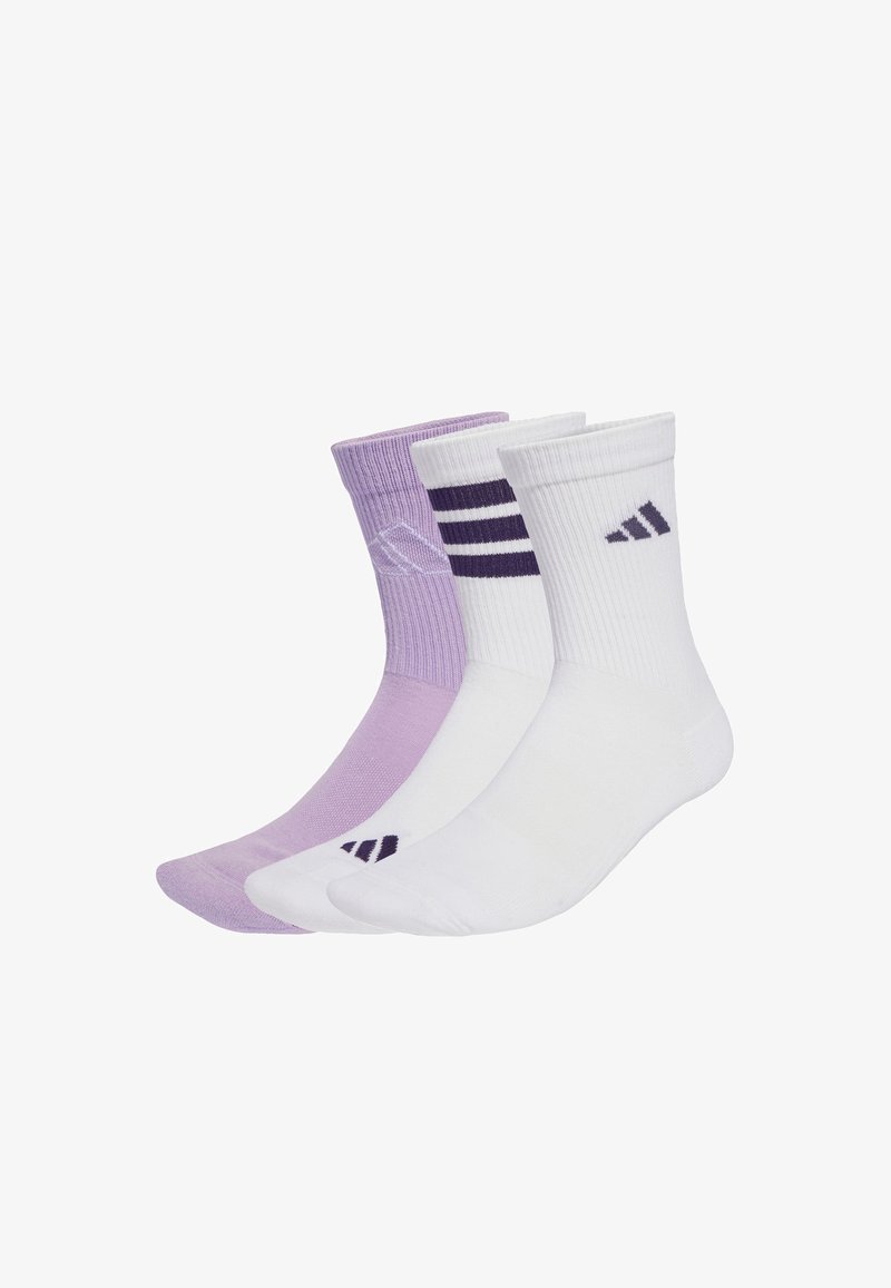 Three pairs of crew socks: one lilac with a logo, one white with purple stripes, and one solid white, all featuring ribbed cuffs and a sporty design.
