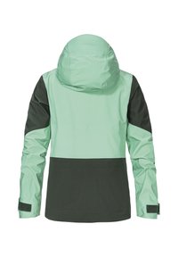 Wasserdichte Jacke mit mintgrünem Oberteil und dunkelgrünen unteren Teilen, ausgestattet mit Kapuze und Klettverschlüssen an den Ärmelbündchen für eine verstellbare Passform.