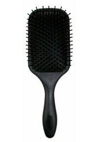 Black paddle hairbrush with a wide rectangular base, flexible plastic bristles, and a textured handle for grip.