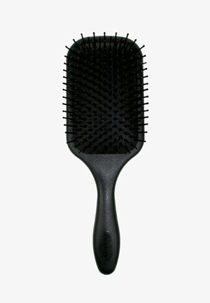 Schwarze Paddle-Haarbürste mit einer breiten rechteckigen Basis, flexiblen Kunststoffborsten und einem strukturierten Griff für besseren Halt.