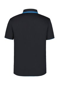 Polo shirt nera con maniche corte, caratterizzata da un colletto e bordi manica blu a contrasto. Design semplice e pulito con una superficie liscia.