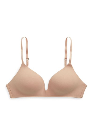 Reggiseno imbottito in una tonalità beige chiaro con una superficie liscia, design a V, spalline regolabili e dettagli di cucitura sobrii lungo i bordi.