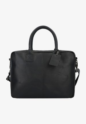 Zwarte leren aktetas met een gladde textuur, rechthoekige vorm, dubbele handgrepen, afneembare schouderriem en een klein label eraan bevestigd.