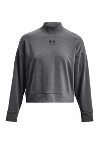 Sweatshirt gris à col haut, avec des épaules tombantes et un ourlet court. Présente un logo brodé sur le devant en noir.