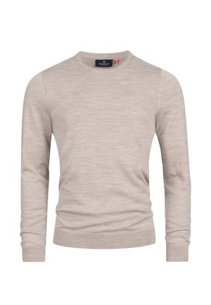 Suéter de punto beige con mangas largas, escote redondo, puños y dobladillo de canalé, hecho de una tela suave y ligera.