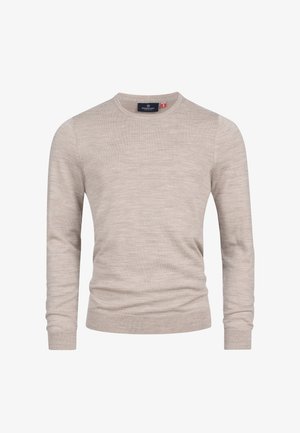 Beige neulepusero pitkähihaisilla, pyöreällä kaula-aukolla, resorikasuilla ja helmoilla, valmistettu pehmeästä kevyestä kankaasta.