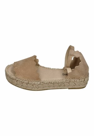 Beige suede espadrille sandal with scalloped edges, ankle strap, and woven jute platform sole.
