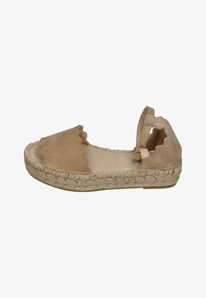 Beige suede espadrille sandal with scalloped edges, ankle strap, and woven jute platform sole.