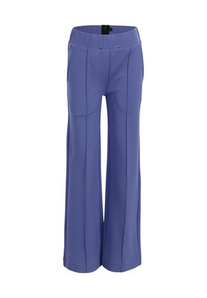 Wijde broekspijpen in periwinkleblauw met een hoge taille en voornaaddetails, afgebeeld tegen een witte achtergrond.