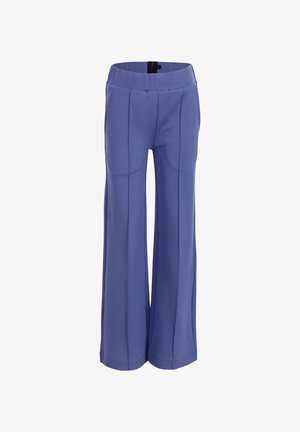 Wijde broekspijpen in periwinkleblauw met een hoge taille en voornaaddetails, afgebeeld tegen een witte achtergrond.