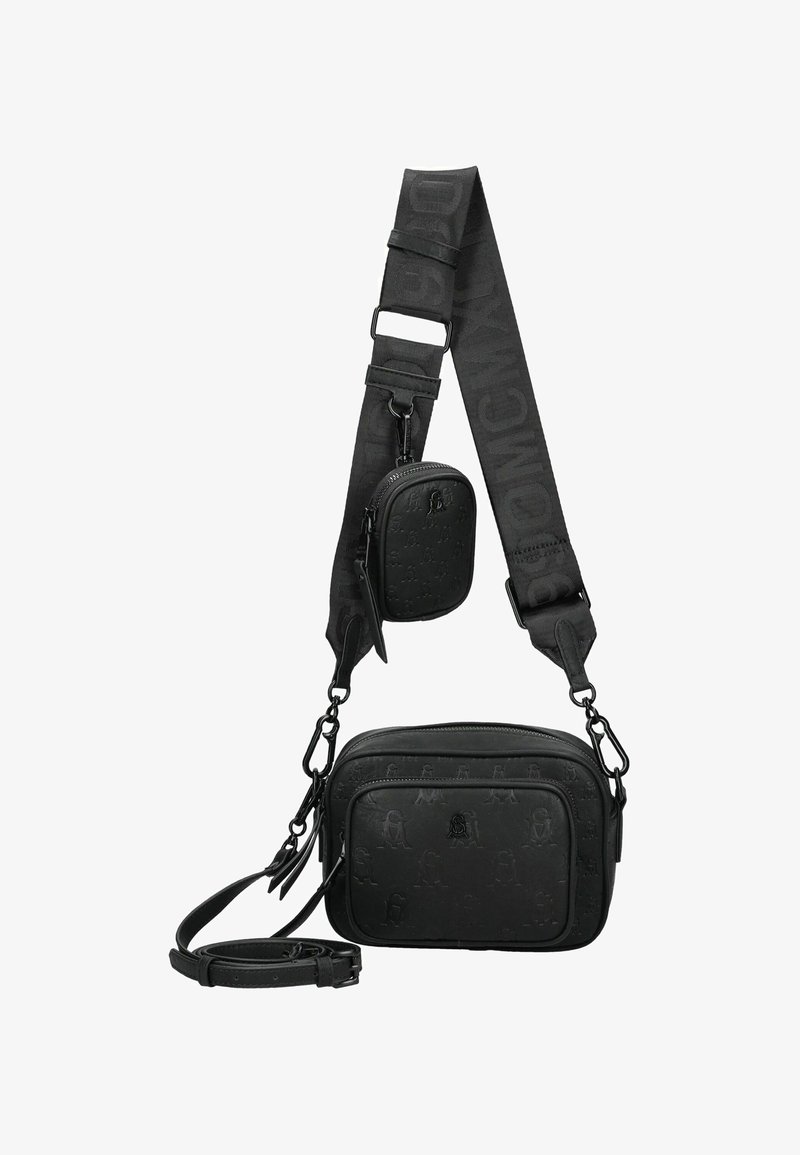 Sort crossbody taske lavet af struktureret materiale med prægede logo mønstre. Har en aftagelig lille pung og justerbar rem.