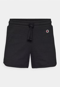 Svarta elastiska midjebyxor med dragsko och liten Champion-logotyp på övre vänstra sidan, enkel design med rundade nederkanter.