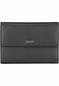 Portafoglio in pelle nera con una texture liscia, caratterizzato da un logo argento "JOOP!" e un design orizzontale. Stile compatto e minimalista.