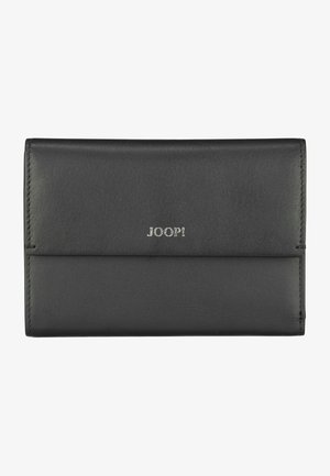 Portafoglio in pelle nera con una texture liscia, caratterizzato da un logo argento "JOOP!" e un design orizzontale. Stile compatto e minimalista.