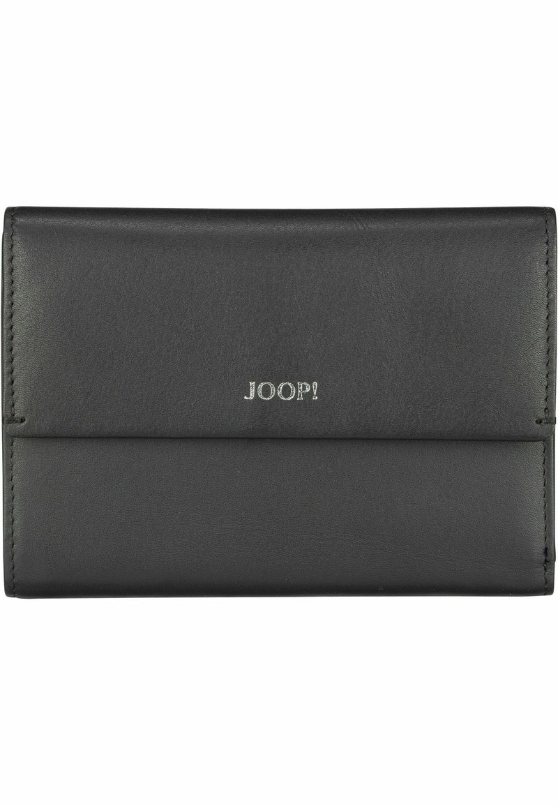 Portafoglio in pelle nera con una texture liscia, caratterizzato da un logo argento "JOOP!" e un design orizzontale. Stile compatto e minimalista.