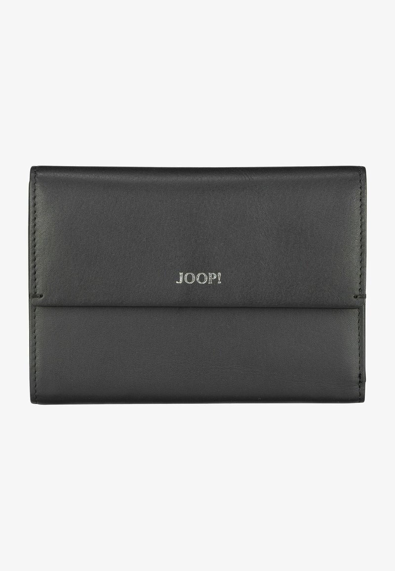 Schwarze Lederbörse mit glatter Textur, mit einem silbernen Logo "JOOP!" und einem horizontalen Design. Kompakte und minimalistische Stil.