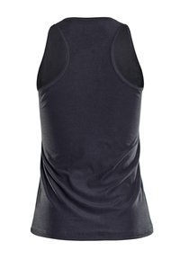 Zwarte mouwloze tanktop met een gladde textuur, een ronde halslijn en een licht taps toelopende vorm. Geen zichtbare patronen of hardware-details.