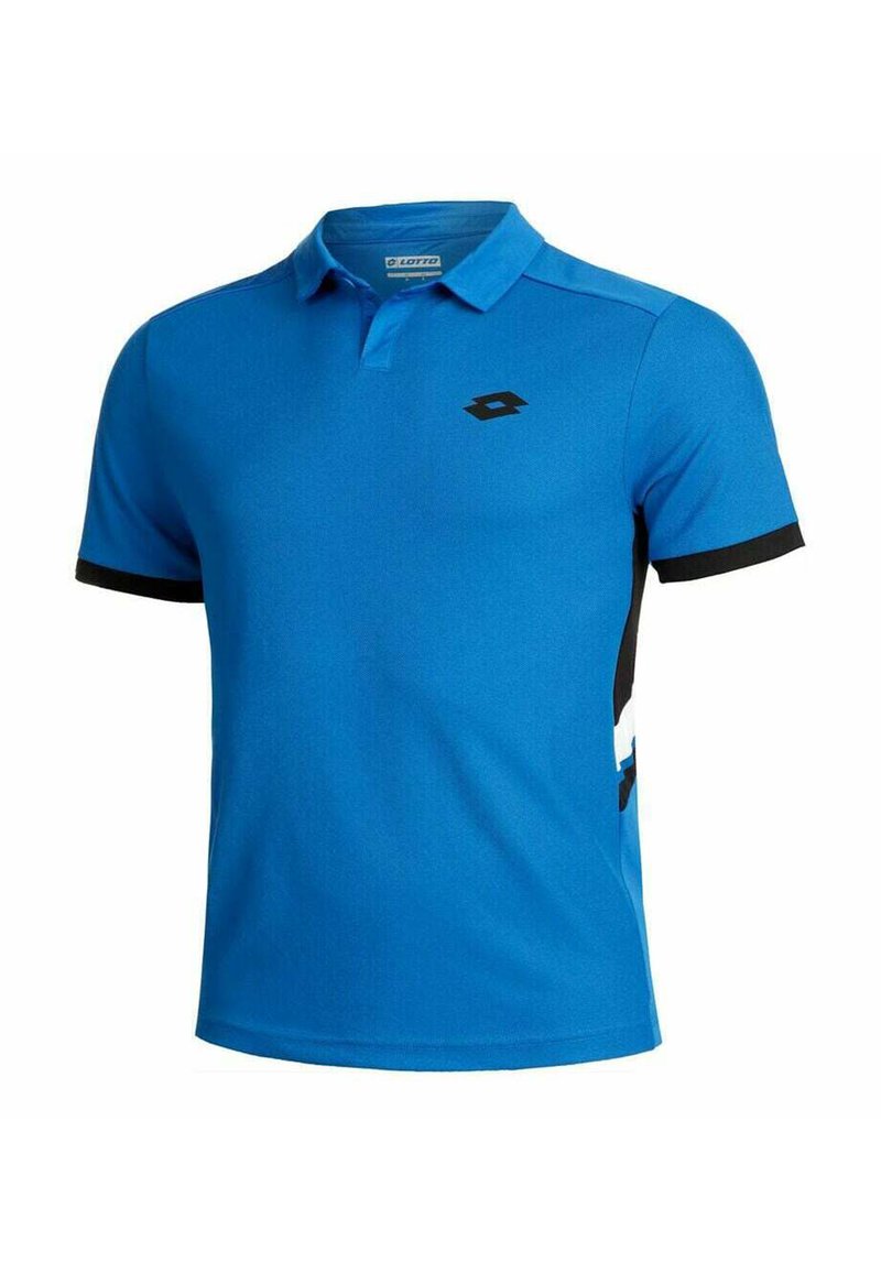 Polo bleu avec col, manches courtes, accents noirs aux bords des manches et un petit logo noir sur la poitrine. Fabriqué en matériau lisse.