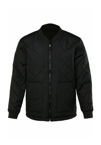 Giacca nera trapuntata con cerniera frontale, due tasche laterali e polsini e collo a costine. Realizzata in materiale liscio e resistente.