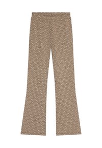 Mönstrade utsvängda byxor i brunt och kräm, med en diamantdesign, elastisk midja och slät textur, designade för komfort och passform.