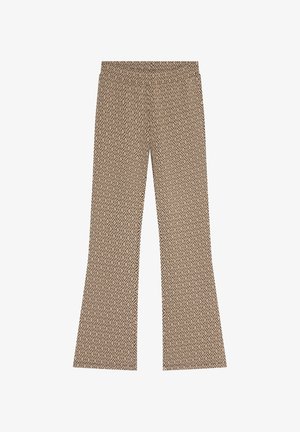 Patroon flared broeken in bruin en crème, met een ruitontwerp, een elastische tailleband en een gladde textuur, ontworpen voor comfort en pasvorm.