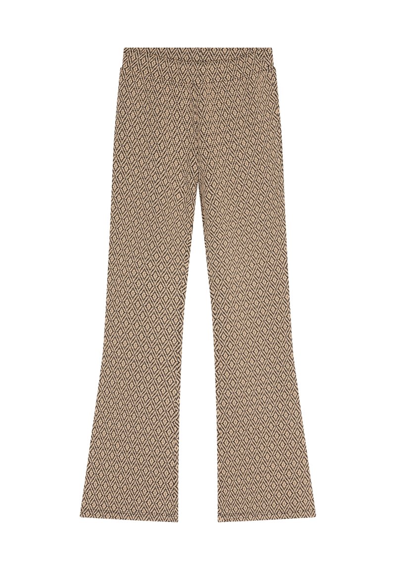 Mönstrade utsvängda byxor i brunt och kräm, med en diamantdesign, elastisk midja och slät textur, designade för komfort och passform.