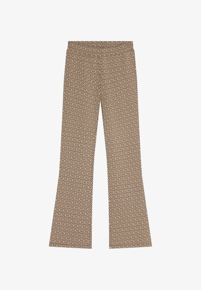 Pantalons évasés à motifs en marron et crème, présentant un design en losanges, avec une taille élastique et une texture lisse, conçus pour le confort et un bon ajustement.