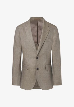 Beige Leinenblazer mit Reverskragen, zwei frontalen Taschen und zwei Knopfverschluss. Glattes Innenfutter, taillierte Passform, strukturierter Stoff.