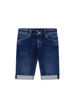Dunkelblaue Jeansshorts mit umgeschlagenen Säumen, Gürtelschlaufen, Frontknopf, Reißverschluss und fünf Taschen vor weißem Hintergrund.
